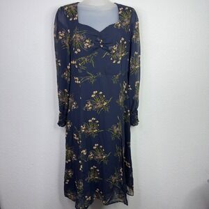 Commense Dress Womens L Blue Floral Sheer Sleeve Cottagecore Whimsigoth Romantic